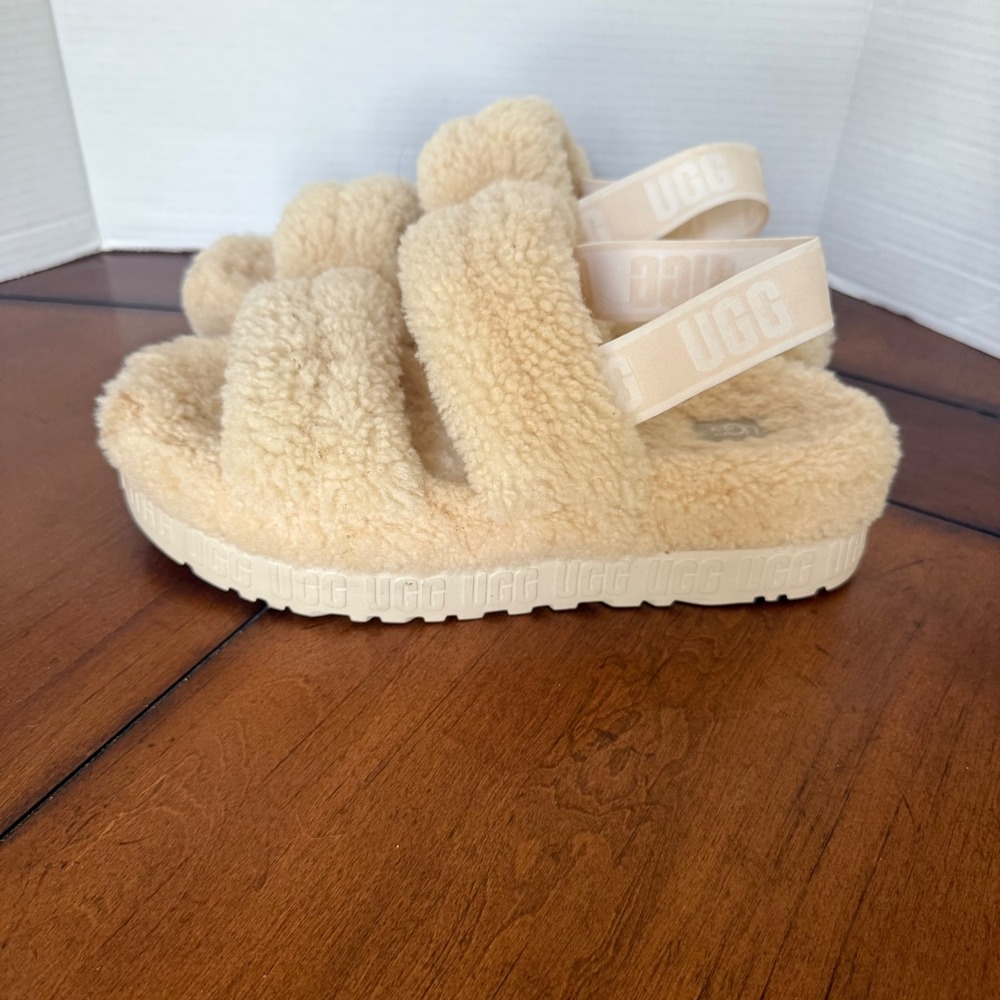 UGG Fluffita Natural Sheepskin Platform Slingback Slide Sandal Womens 12